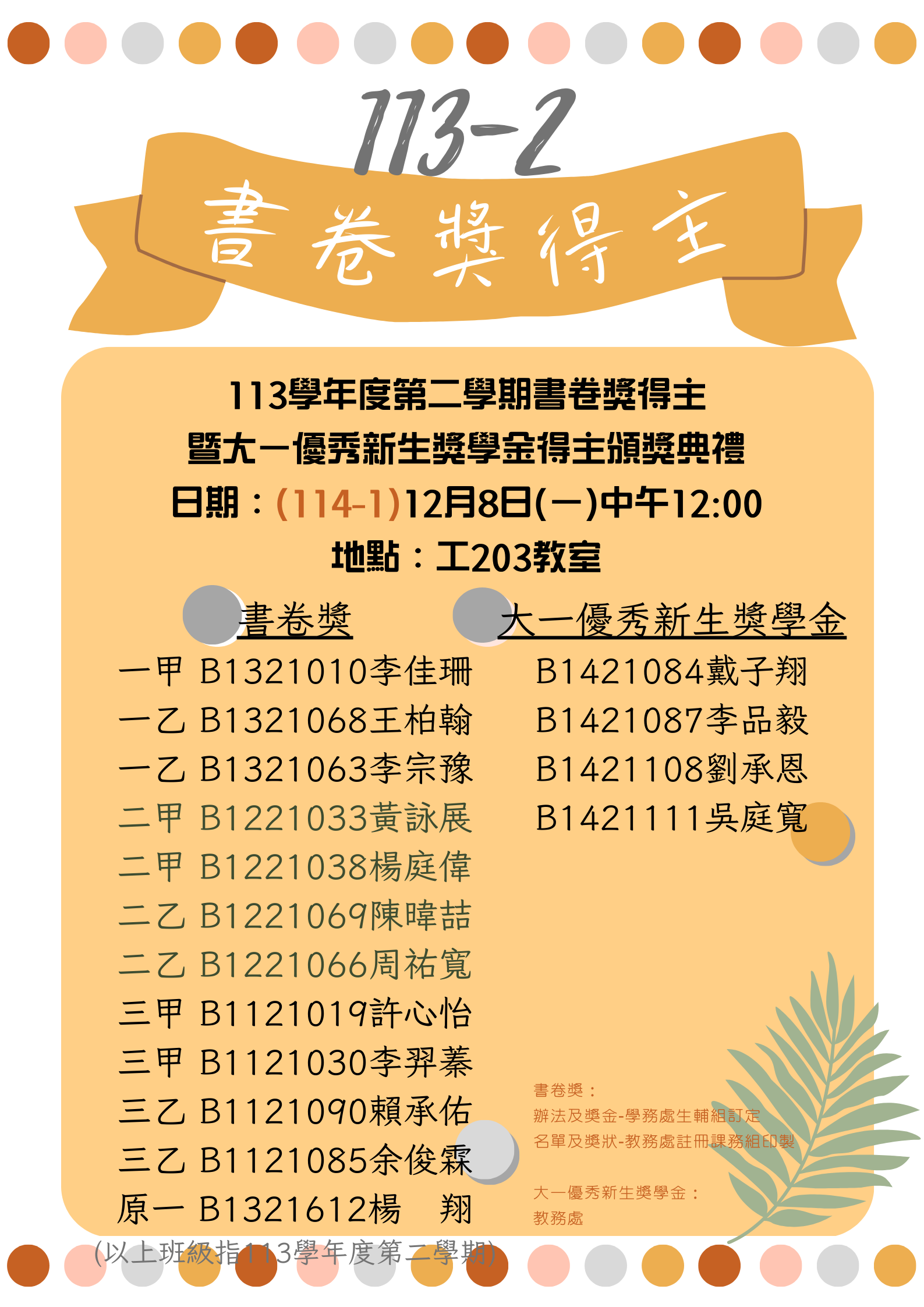 113-2書卷獎得主