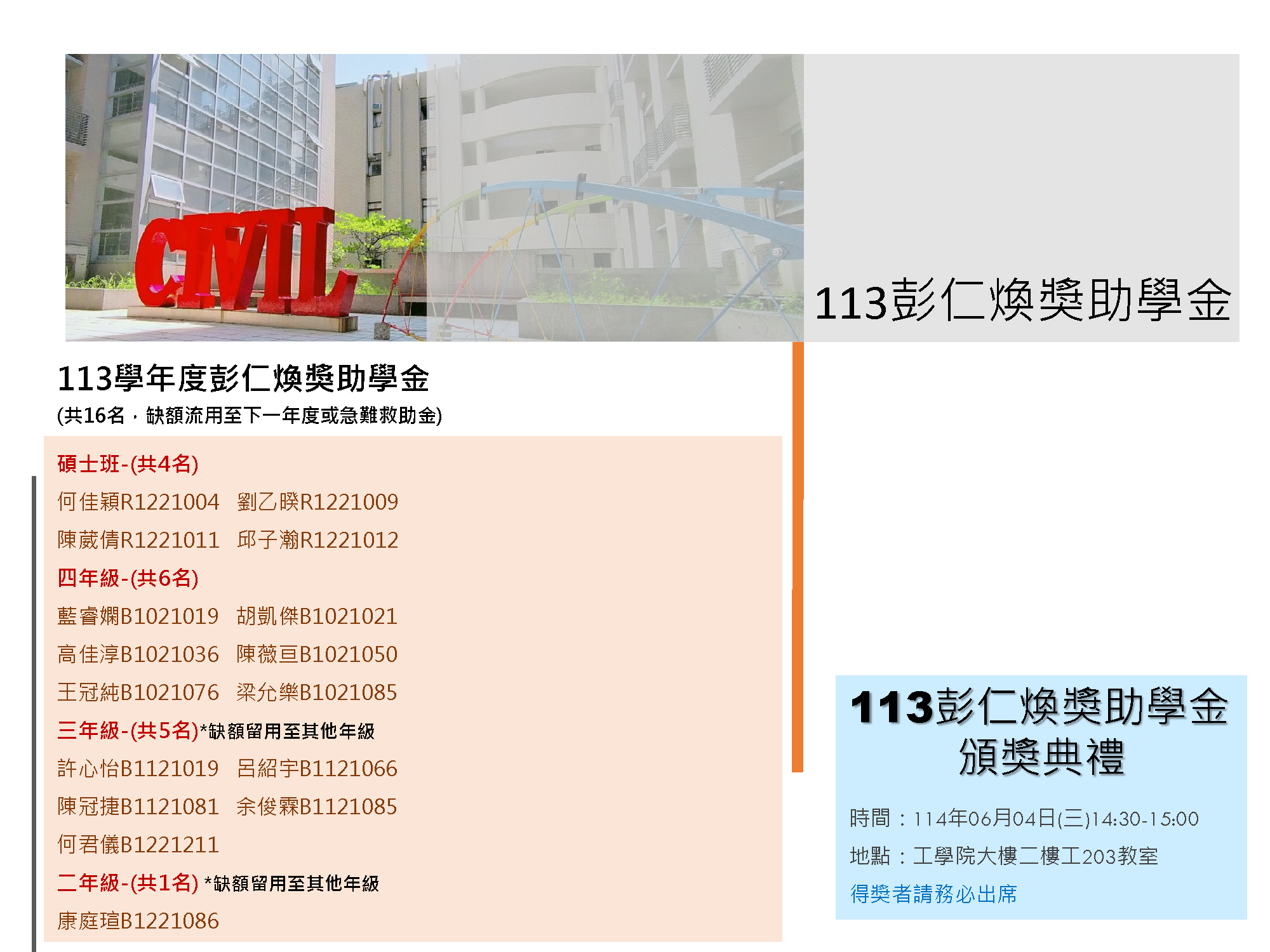 113彭仁煥獎助學金名單